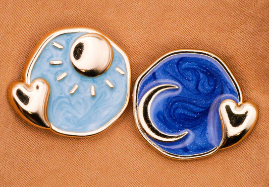 Sun Moon Heart Blue Enamel Glitter Soft Gold Metal Pair of Buttons 21x23mm