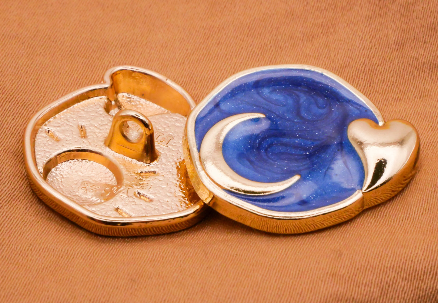 Sun Moon Heart Blue Enamel Glitter Soft Gold Metal Pair of Buttons 21x23mm