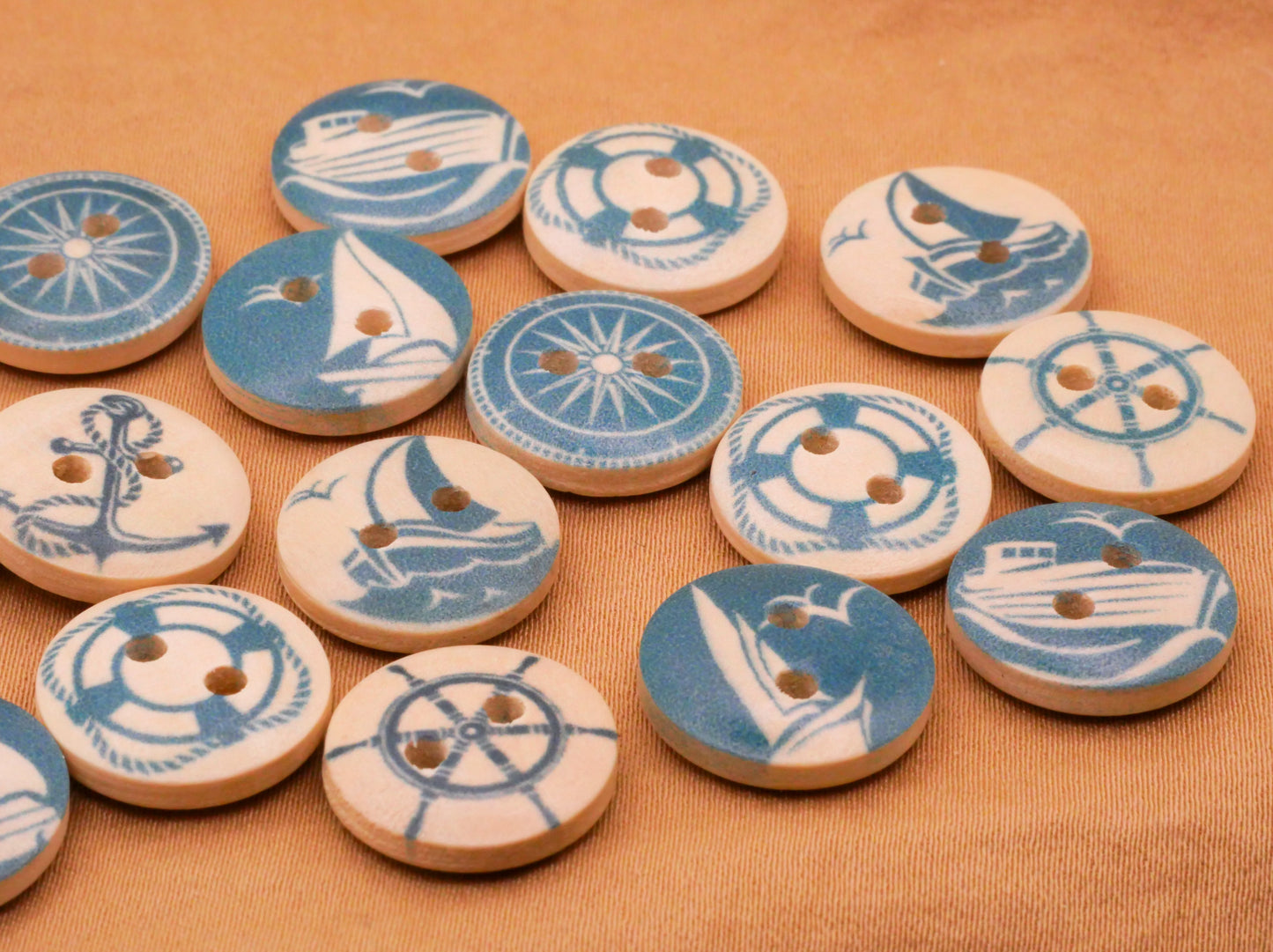 Nautical Blue Boat Sailing Anchor Ship Wheel Wood Set of Twenty Buttons 15mm