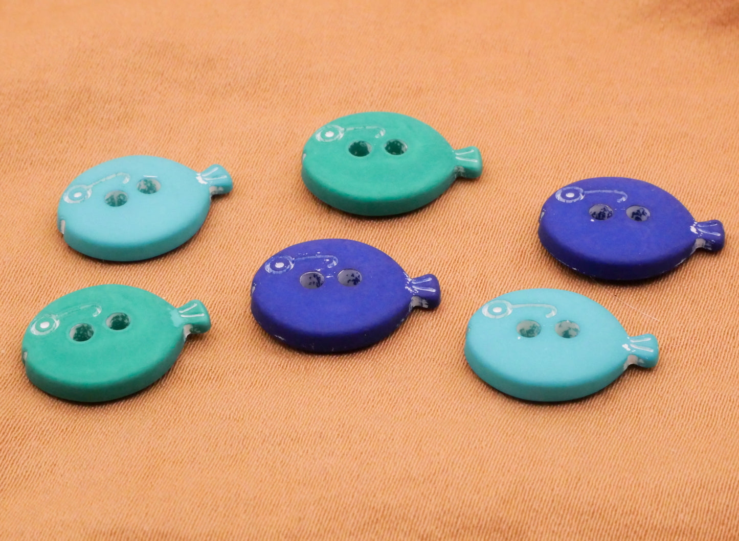 Fish Blue Aquamarine Turquoise Plastic Set of Six Buttons 11x15mm