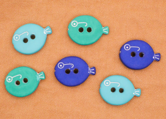 Fish Blue Aquamarine Turquoise Plastic Set of Six Buttons 11x15mm