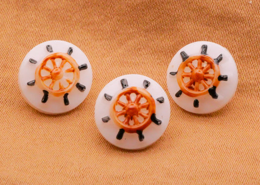 Ships Wheel Hand-Painted Glass Set of Three Buttons 11mm