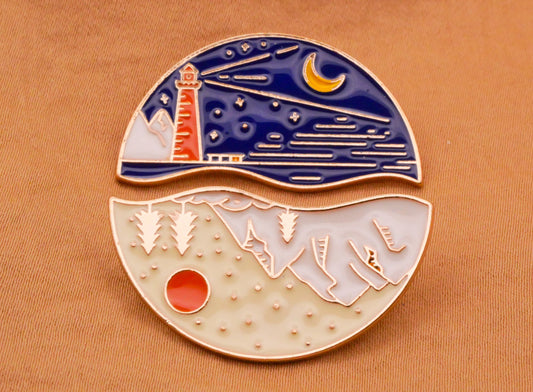 Moon Sun Lighthouse Mountains Yin Yang Friendship Enamel Metal Pair of Buttons 18x33mm