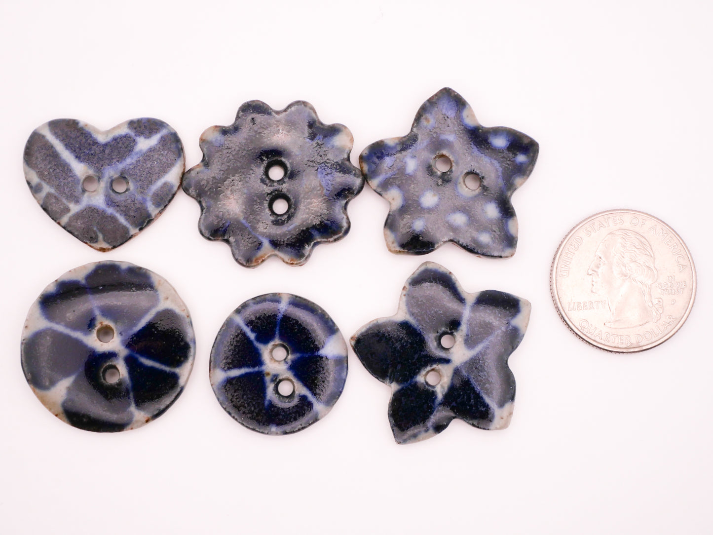 Cobalt Blue Glaze Ceramic Heart Flower Star Circle Button Various 23-31mm