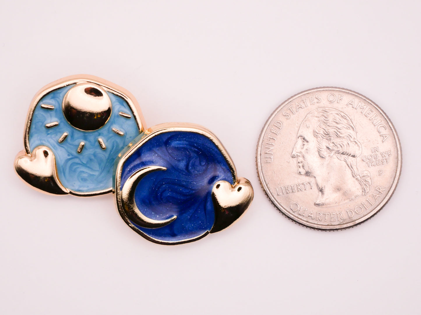 Sun Moon Heart Blue Enamel Glitter Soft Gold Metal Pair of Buttons 21x23mm