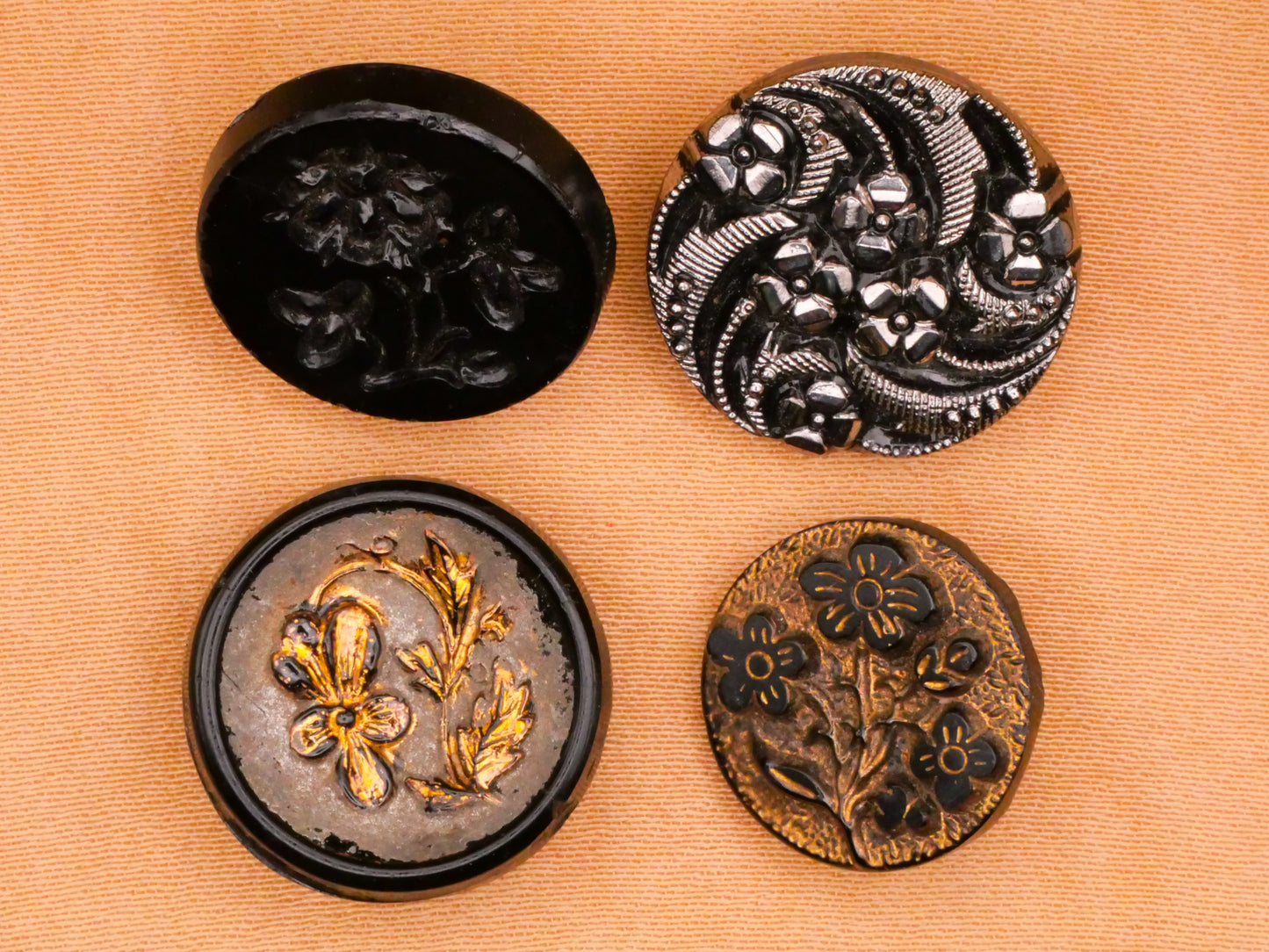 Flower Black Glass Silver Gold Vintage Button Various 15-18mm