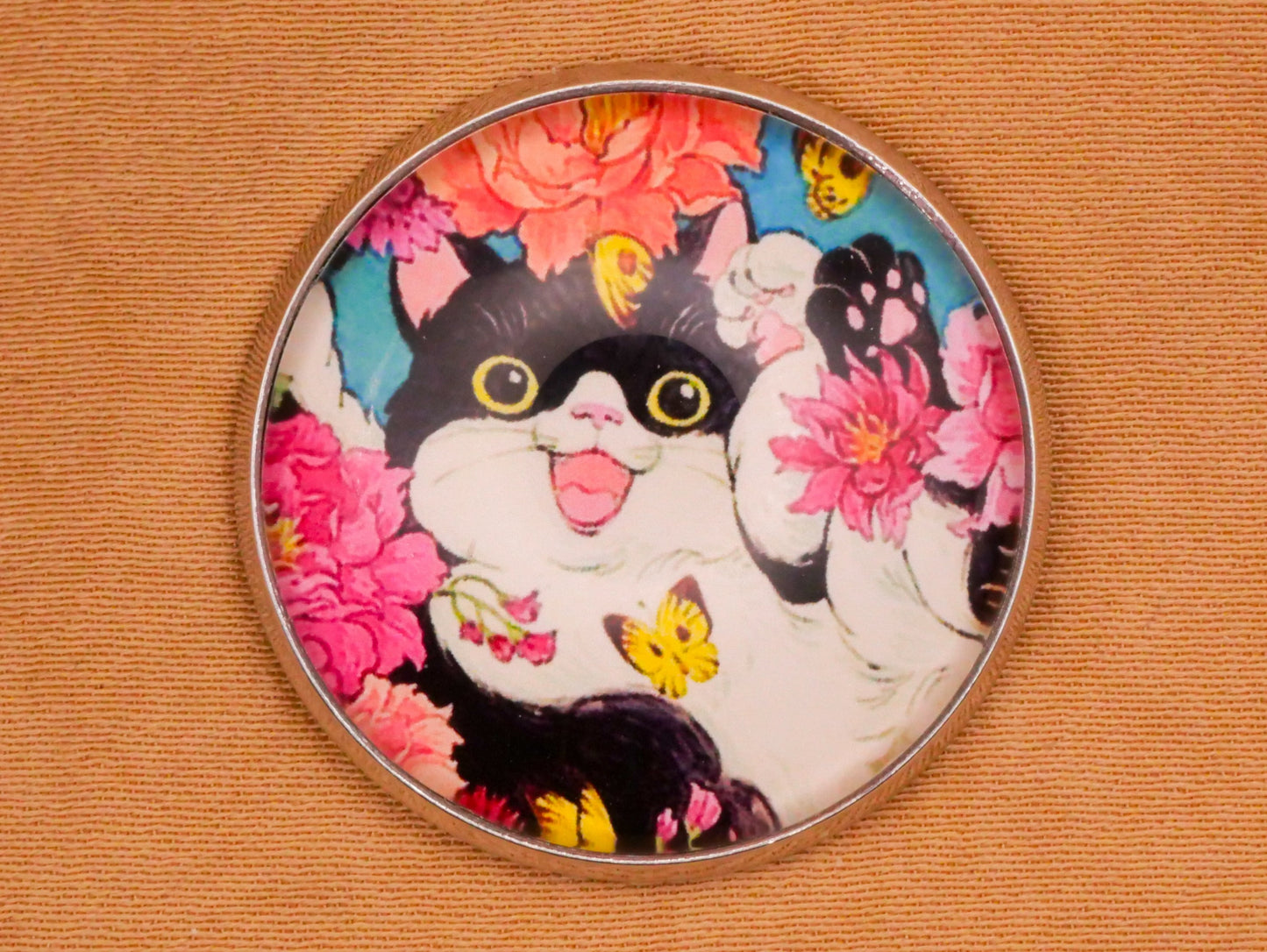 Cat Kitty Butterfly Flowers Colorful Glass Silver Metal Button 27mm