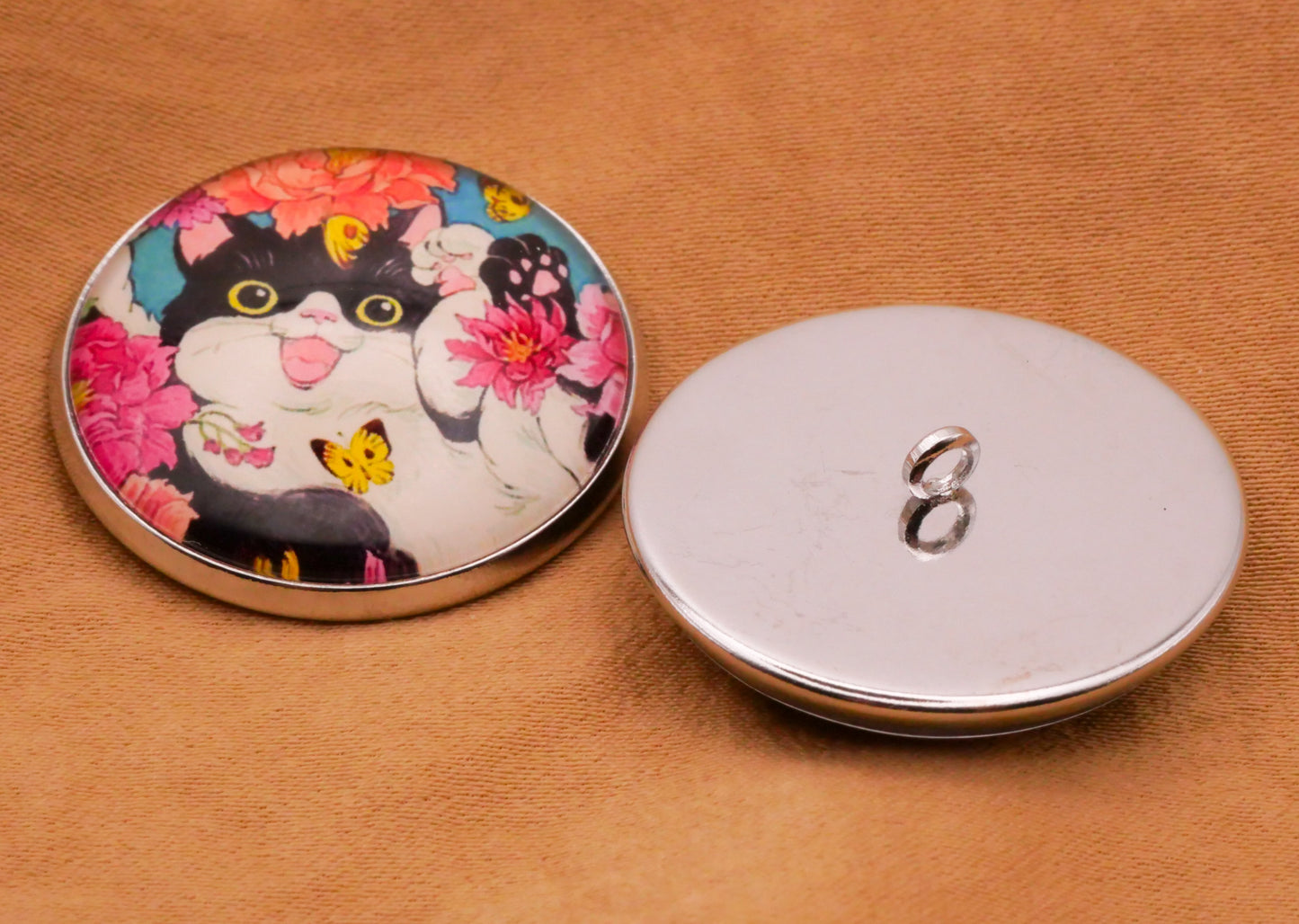 Cat Kitty Butterfly Flowers Colorful Glass Silver Metal Button 27mm