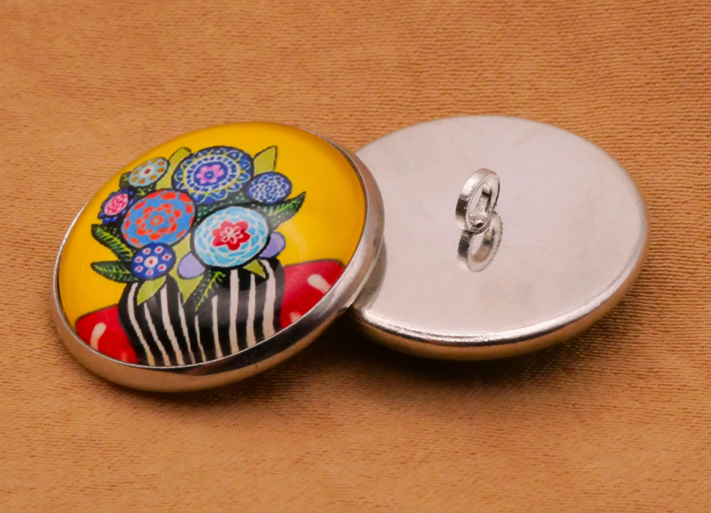 Flower Bouquet Vase Colorful Glass Silver Metal Set of Five Buttons Various 20mm