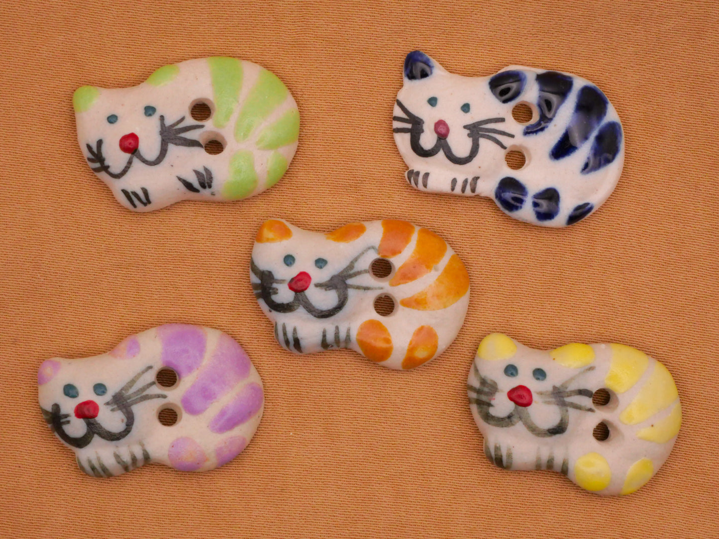 Happy Cat Colorful Curled Up Jumping Walking Hand-Painted Ceramic Button Various 15-31mm