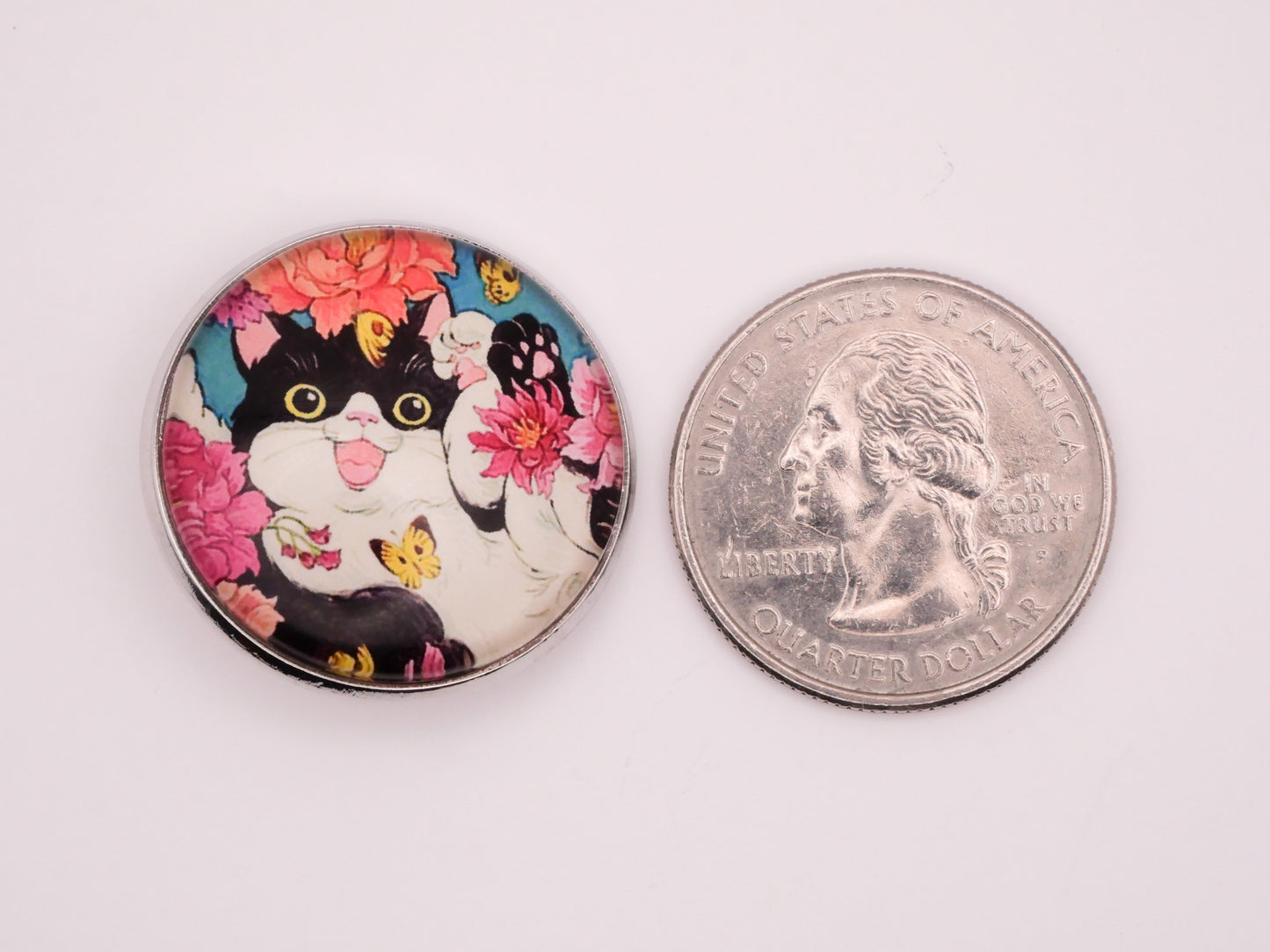 Cat Kitty Butterfly Flowers Colorful Glass Silver Metal Button 27mm