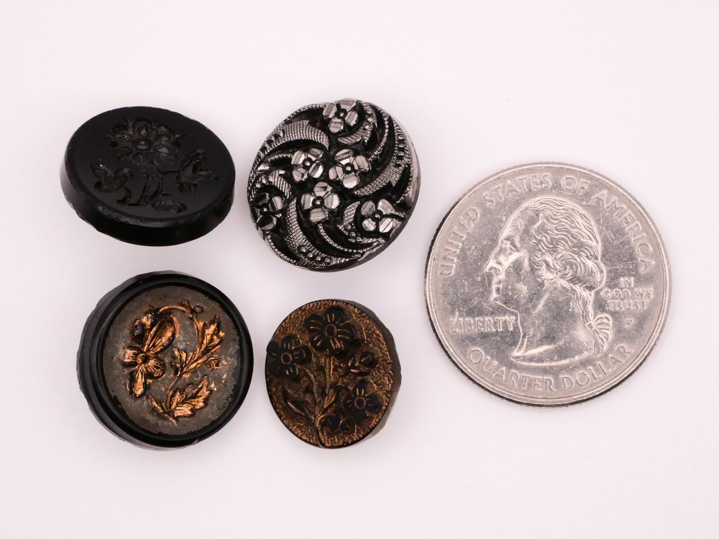 Flower Black Glass Silver Gold Vintage Button Various 15-18mm