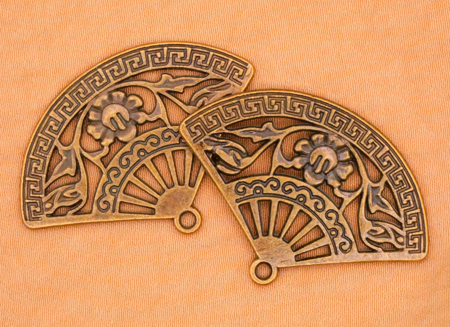 Fan Flower Bronze Metal Pair of Charms Embellishments 25x36mm