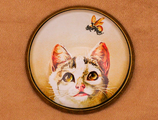 Cat Bee Vintage Illustration Glass Dome Bronze Metal Button 28mm