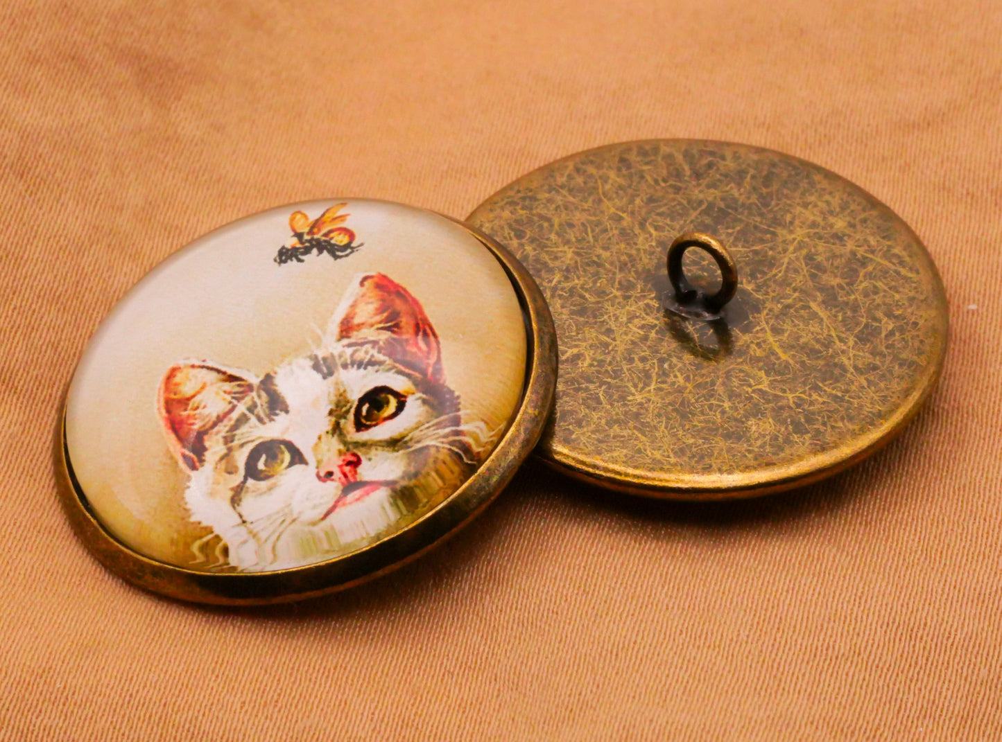 Cat Bee Vintage Illustration Glass Dome Bronze Metal Button 28mm