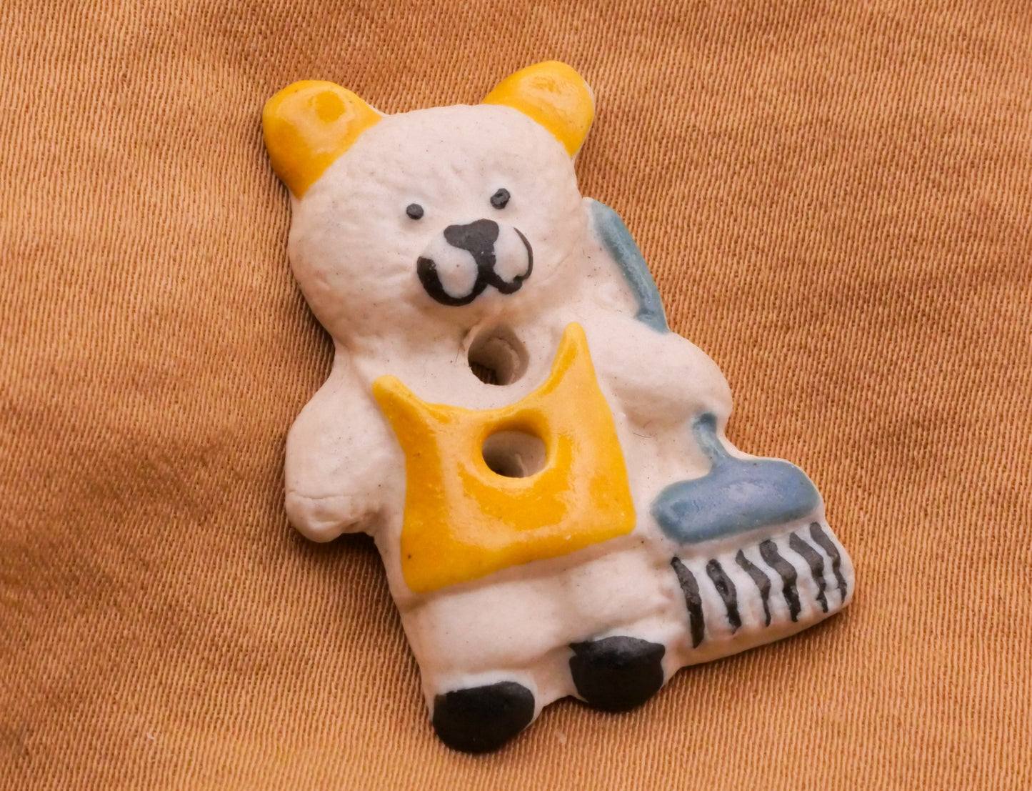 Bear Working Sweeping Apron Hand-Painted Ceramic Button 23x31mm