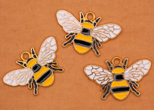 Bee Enamel Painted Gold Metal Set of Three Charms Embellishments 17x26mm