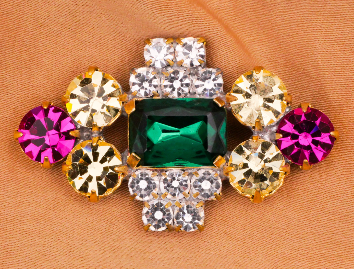 Czech Rhinestone Emerald Pink Yellow Glass Metal Large Button 28x47mm