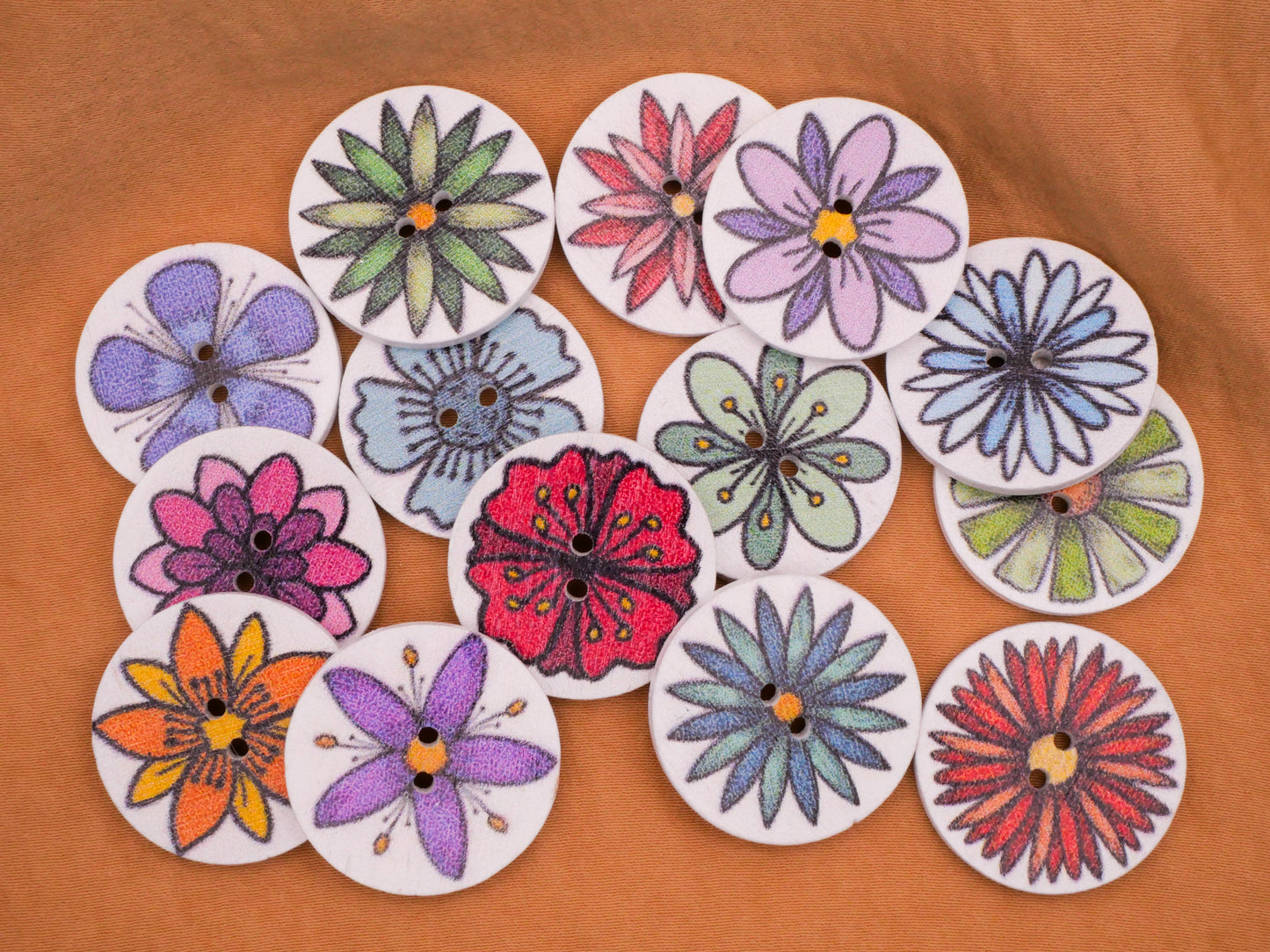 Flower Retro Illustrations Colorful Wood Assorted Set of Ten Buttons 25mm