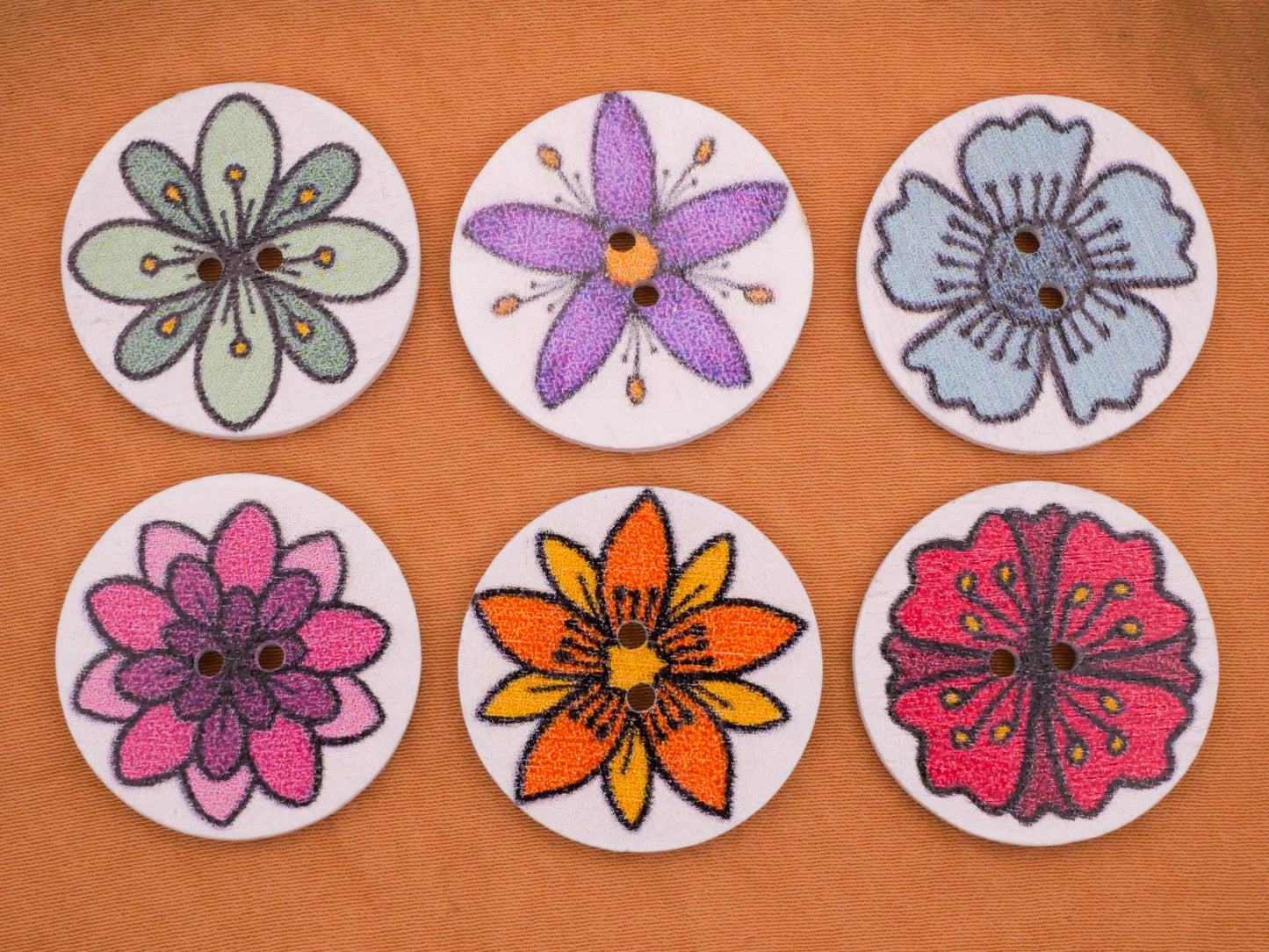 Flower Retro Illustrations Colorful Wood Assorted Set of Ten Buttons 25mm