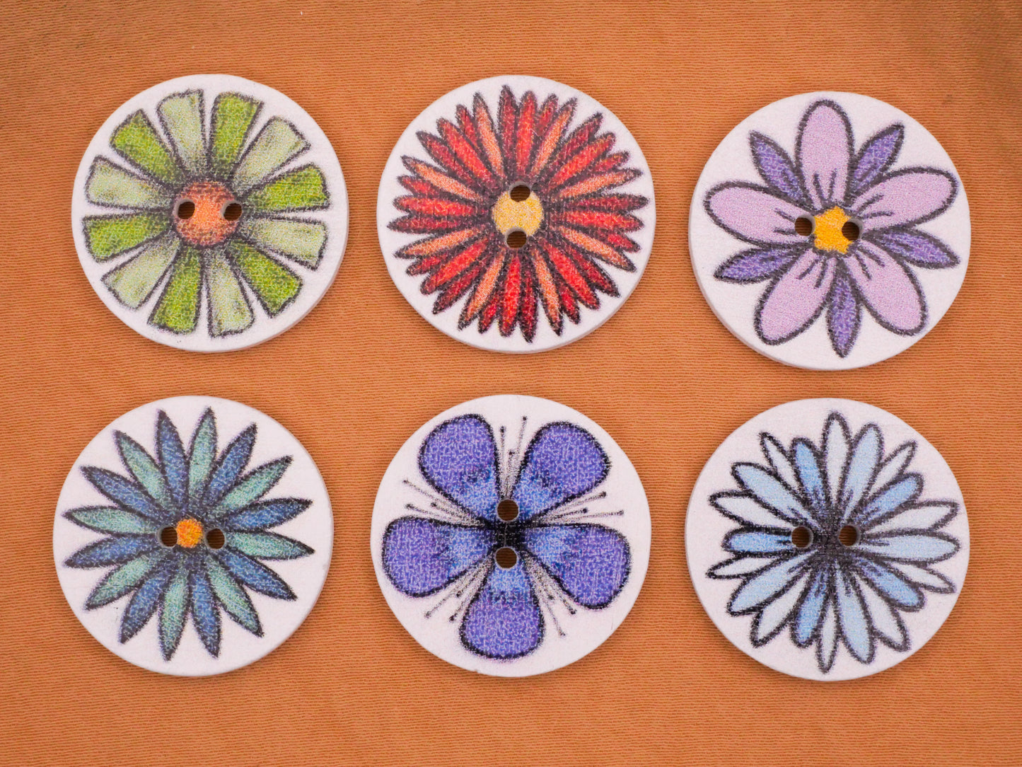 Flower Retro Illustrations Colorful Wood Assorted Set of Ten Buttons 25mm