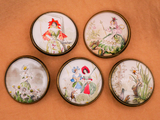 Les Fleurs Flowers Characters Rose Cactus Daisy Cornflower Poppy Daffodil Glass Dome Metal Button Various 28mm