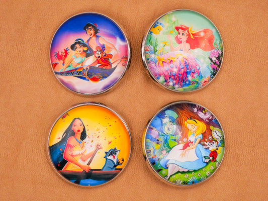 Disney Aladdin Little Mermaid Pocahontas Alice in Wonderland Glass Dome Silver Metal Button Various 27mm