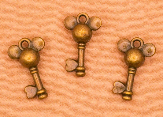 Mickey Mouse Ears Heart Key Bronze Metal Set of Three Charms 11x18mm