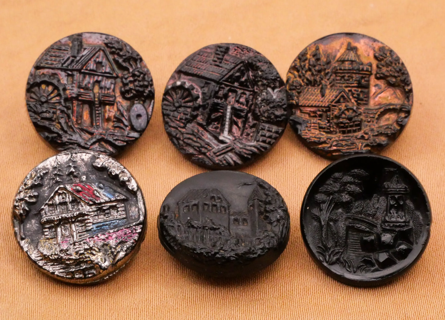 Pictorial Landscape Black Glass Luster Antique Button Various 18mm