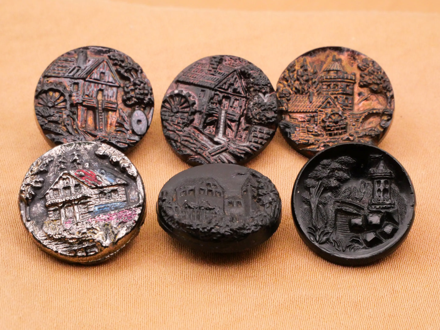 Pictorial Landscape Black Glass Luster Antique Button Various 18mm