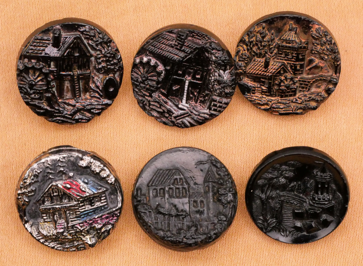 Pictorial Landscape Black Glass Luster Antique Button Various 18mm