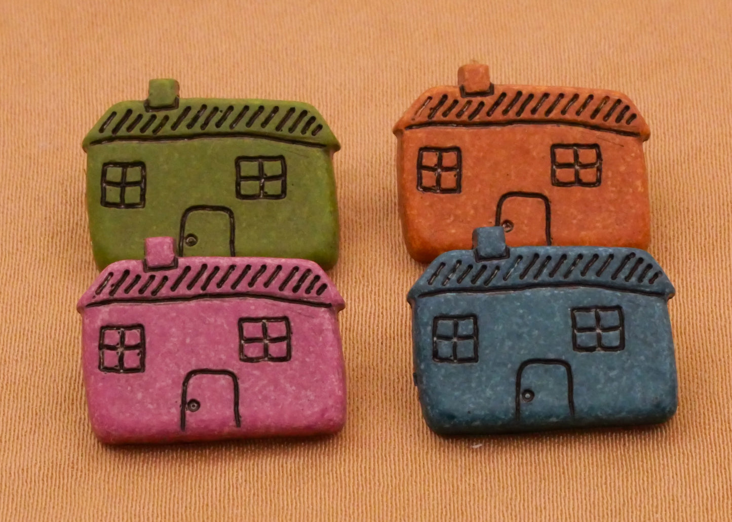 Cottage House Home Green Pink Cognac Blue Plastic Set of Four Buttons 13x17mm