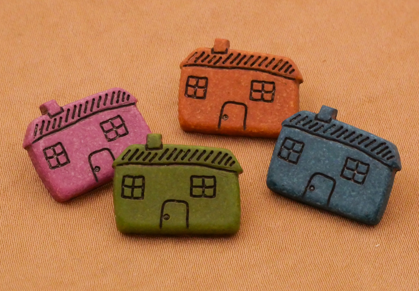 Cottage House Home Green Pink Cognac Blue Plastic Set of Four Buttons 13x17mm