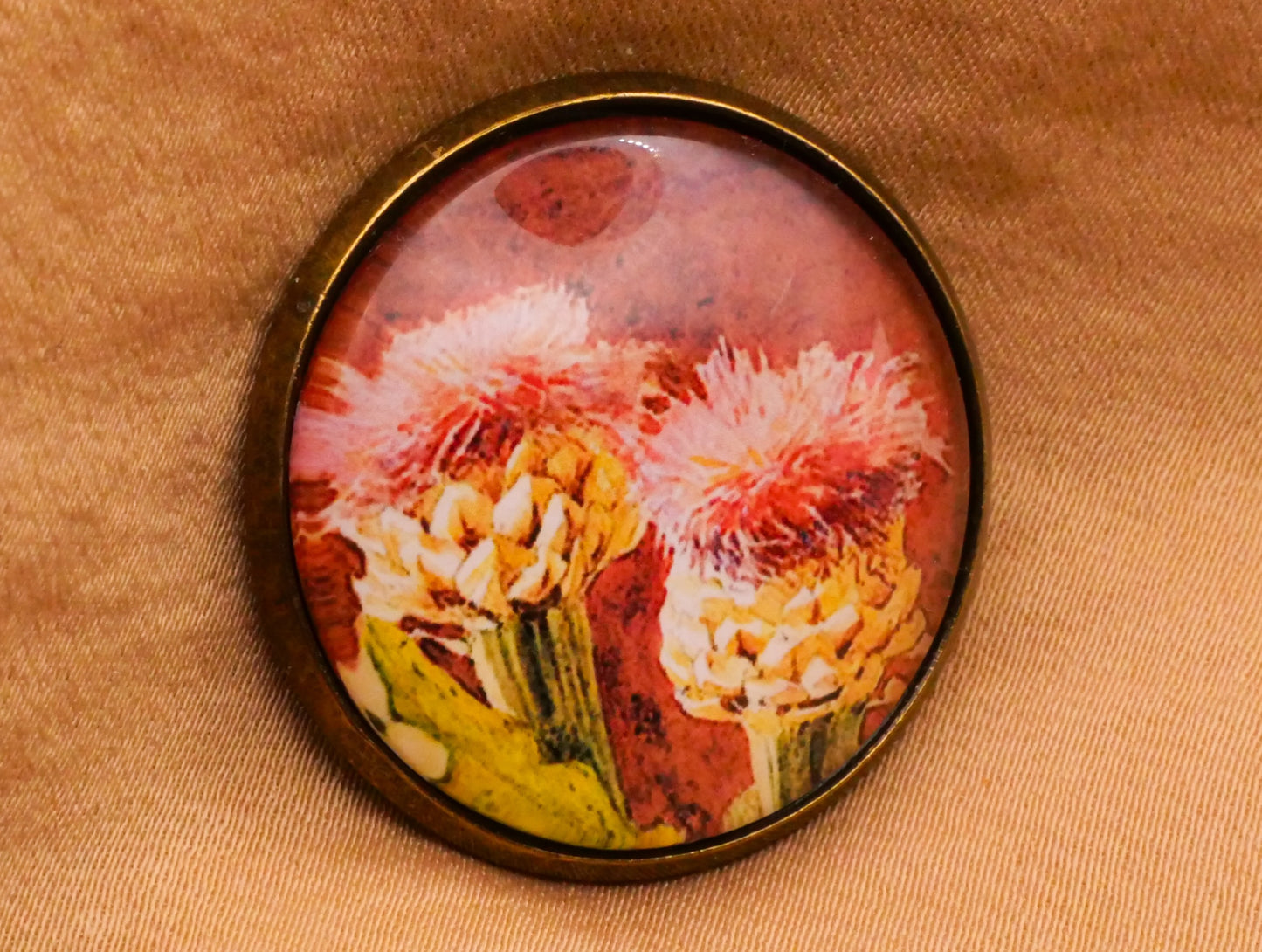 Thistle Painting Illustration Glass Dome Bronze Metal Button 28mm