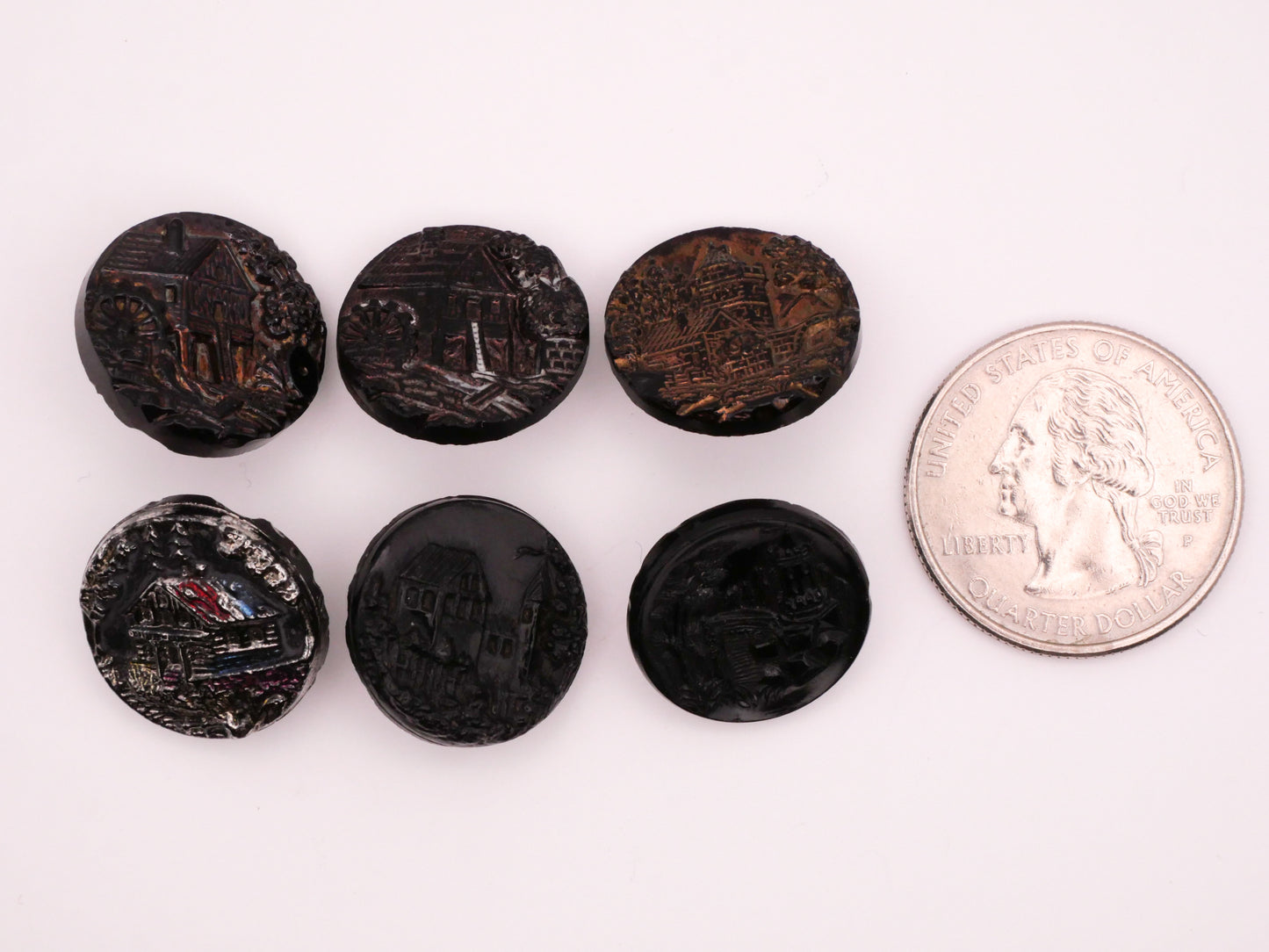 Pictorial Landscape Black Glass Luster Antique Button Various 18mm