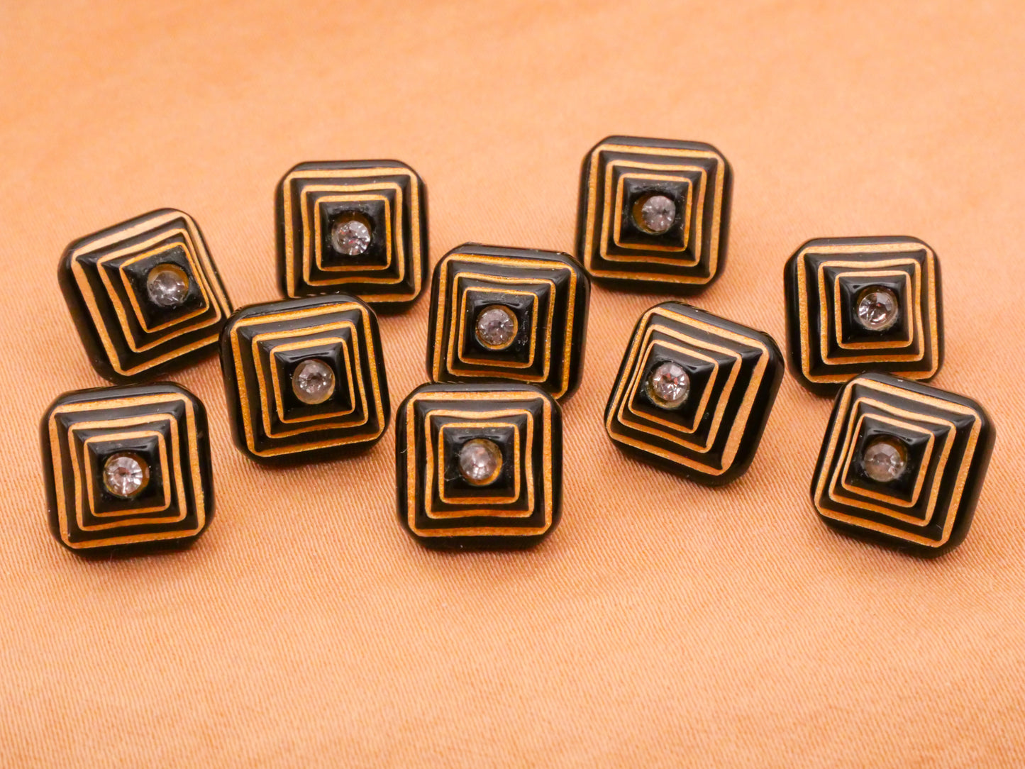 Pyramid Art Deco Black Gold Rhinestone Plastic Set of Ten Buttons 10mm