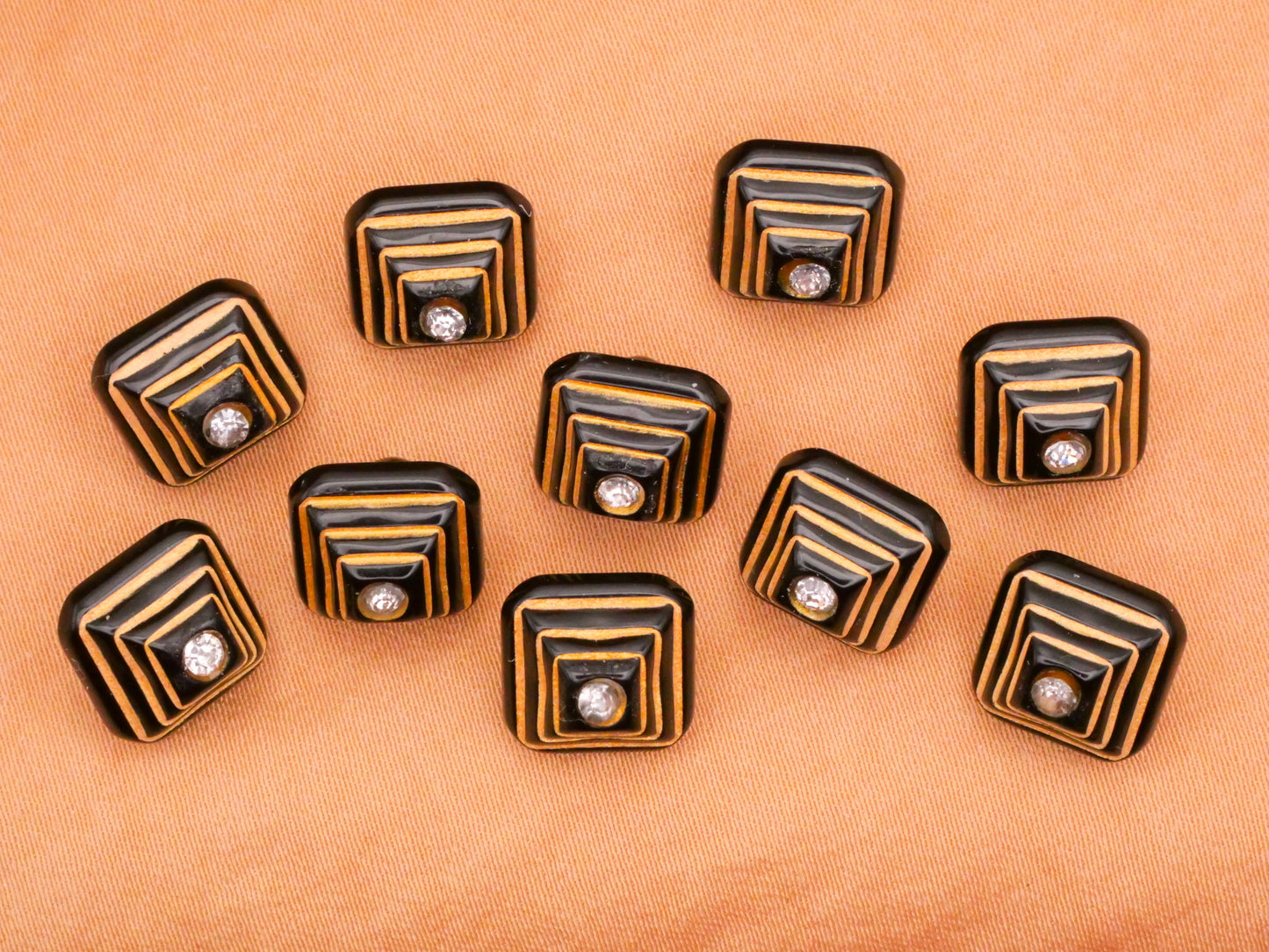 Pyramid Art Deco Black Gold Rhinestone Plastic Set of Ten Buttons 10mm