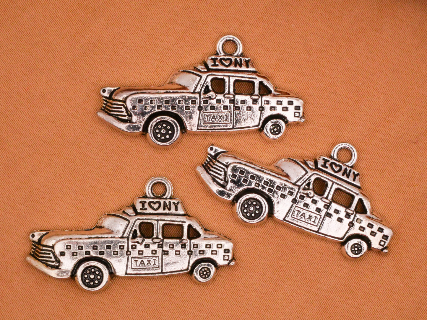 Taxi Cab I Heart NY NYC Silver Metal Set of Three Charms Embellishments 17x33mm