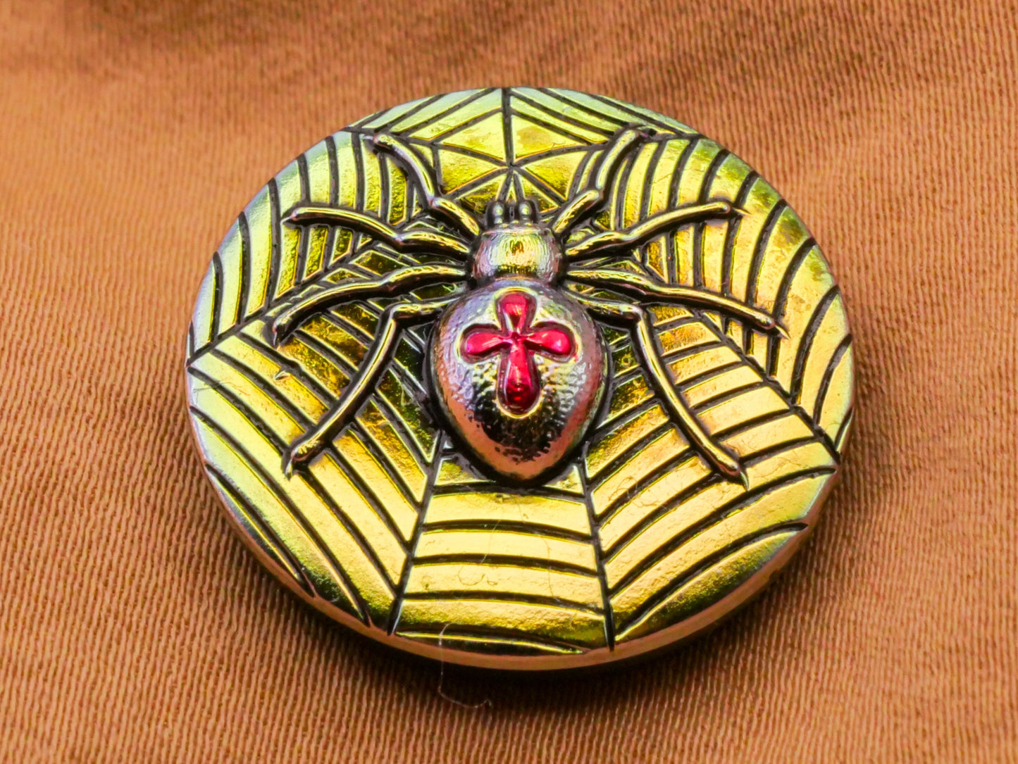 Spider Web Cross Czech Iridescent Green Red Glass Button 23mm