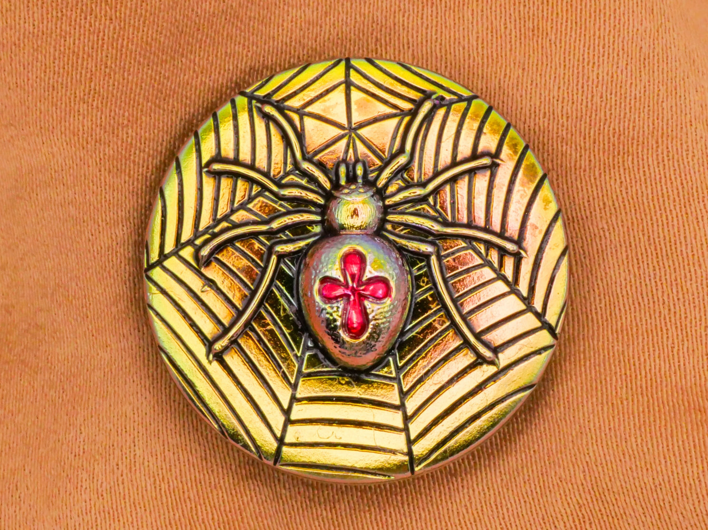 Spider Web Cross Czech Iridescent Green Red Glass Button 23mm