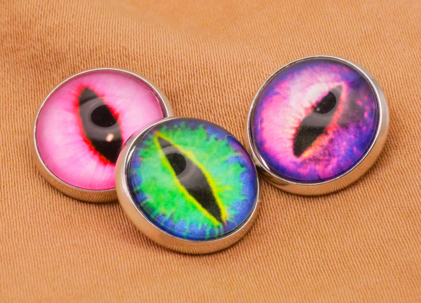 Snake Cat Eye Glass Dome Silver Metal Assorted Set of Three Buttons 14mm