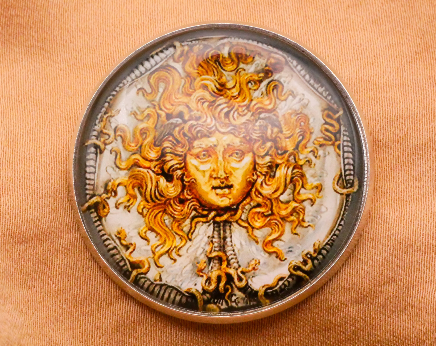 Medusa Snake Gold Silvermith Sculpture Vincenzo Gemito Glass Dome Metal Large Button 32mm