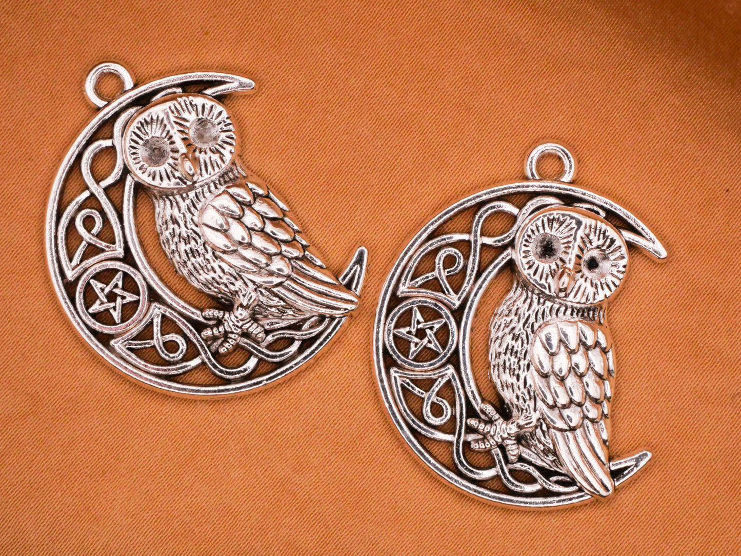 Owl Bird Crescent Moon Star Silver Metal Large Pair of Charms Embellishments 25x33mm