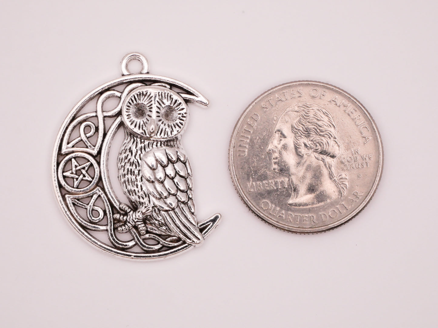 Owl Bird Crescent Moon Star Silver Metal Large Pair of Charms Embellishments 25x33mm