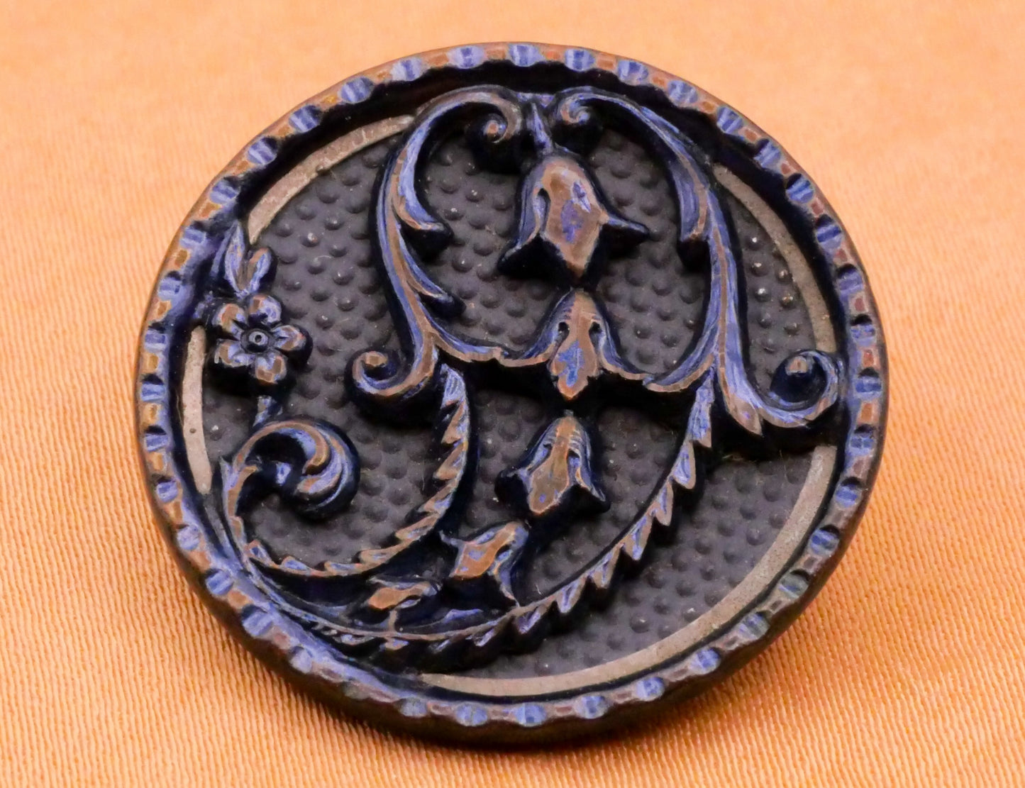 Paisley Bellflower Blue Tint Victorian Metal Button 26mm