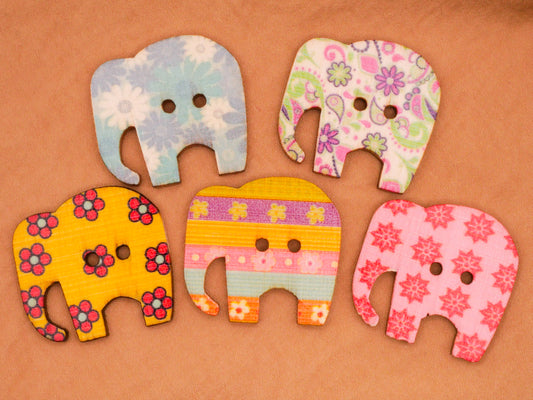 Elephant Colorful Patterns Wood Set of Five Buttons 28x30mm