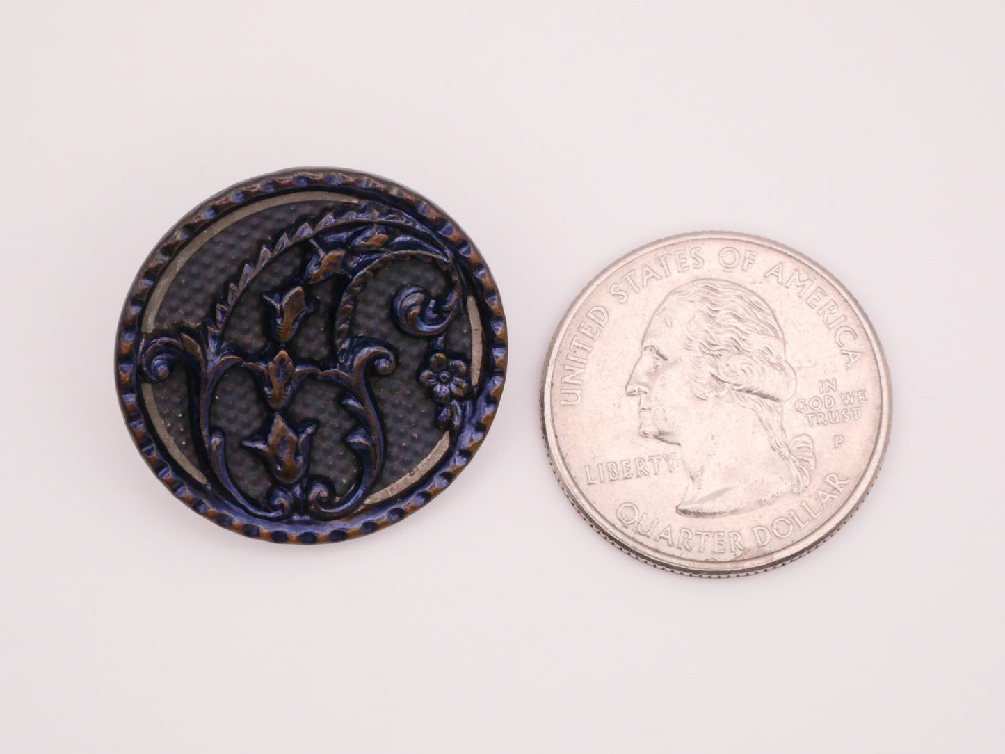 Paisley Bellflower Blue Tint Victorian Metal Button 26mm