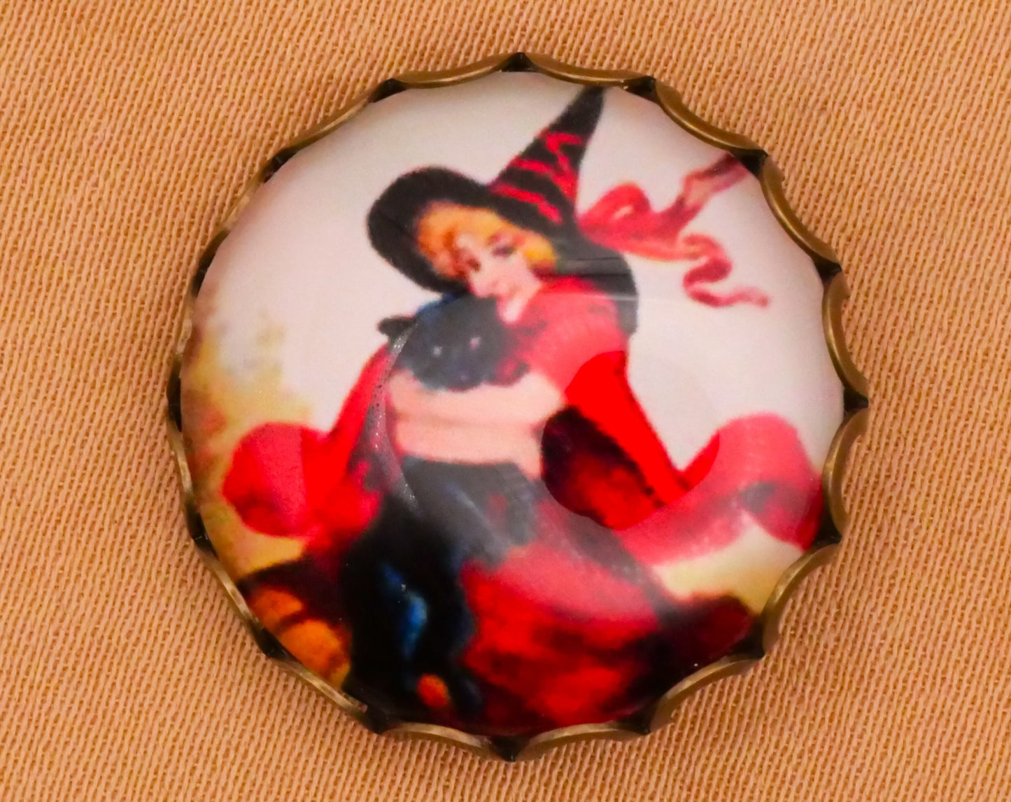 Witch Halloween Vintage Illustration Glass Dome Bronze Lace Metal Button Various 21mm