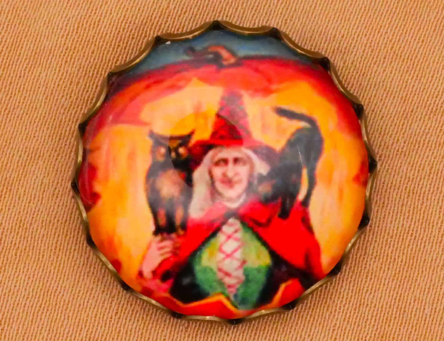 Witch Halloween Vintage Illustration Glass Dome Bronze Lace Metal Button Various 21mm