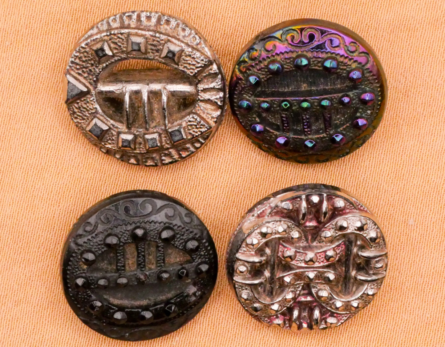 Buckle Black Glass Silver Iridescent Vintage Button Various 16-17mm